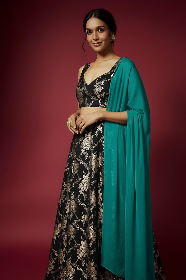 Black Metallic Polyester Foil Printed Lehenga Set by Phatakaa at Pernia's Pop Up Shop