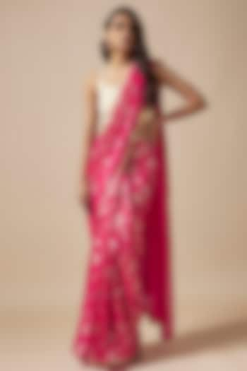 Rani Pink Recycled Polyester Foil Printed & Metallic Embroidered Pre-Draped Saree Set by Phatakaa at Pernia's Pop Up Shop