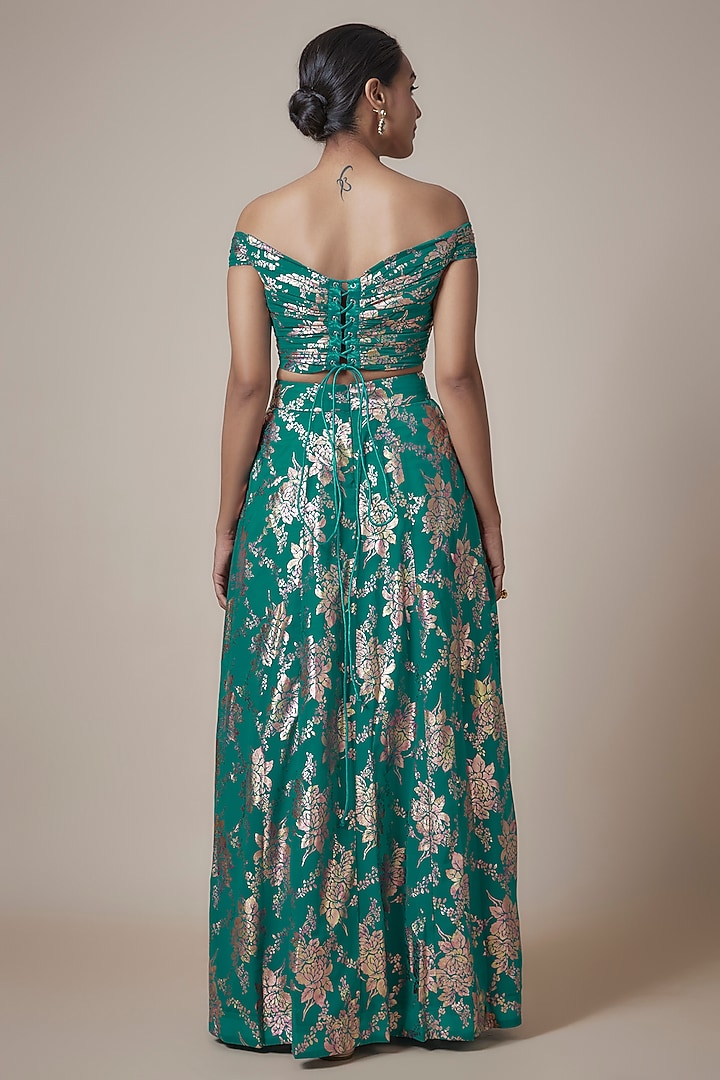 Teal Recycled Polyester Foil Printed Lehenga Set by Phatakaa at Pernia's Pop Up Shop