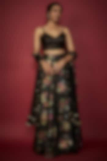 Black Satin Floral Printed Lehenga Set by Phatakaa at Pernia's Pop Up Shop