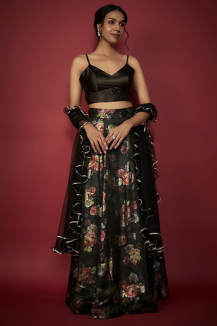 Black Satin Floral Printed Lehenga Set by Phatakaa at Pernia's Pop Up Shop