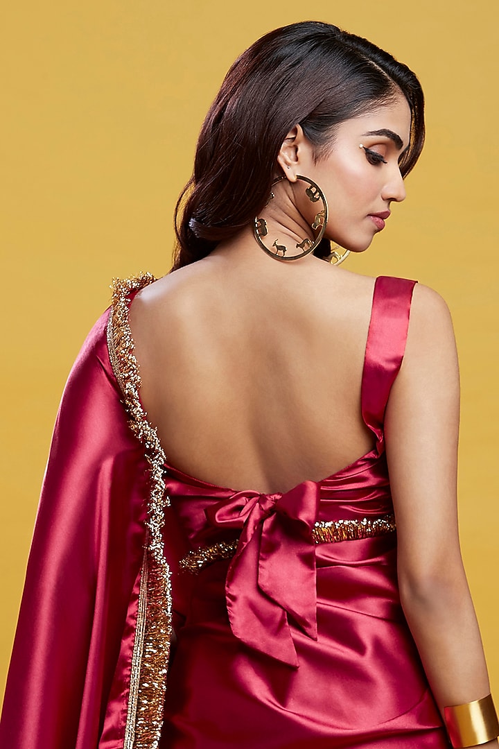 Maroon Satin Party Wear Saree Set by Phatakaa at Pernia's Pop Up Shop