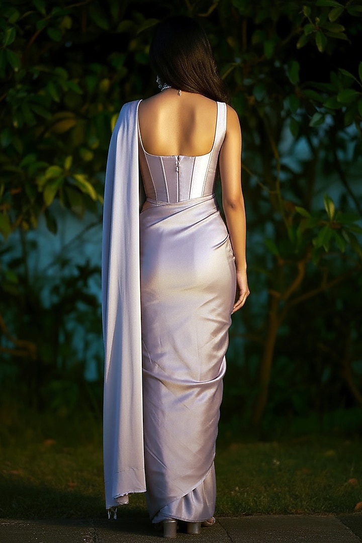 Dusty pink Satin Crepe Pre-Stitched Corset Wedding Saree by Phatakaa at Pernia's Pop Up Shop