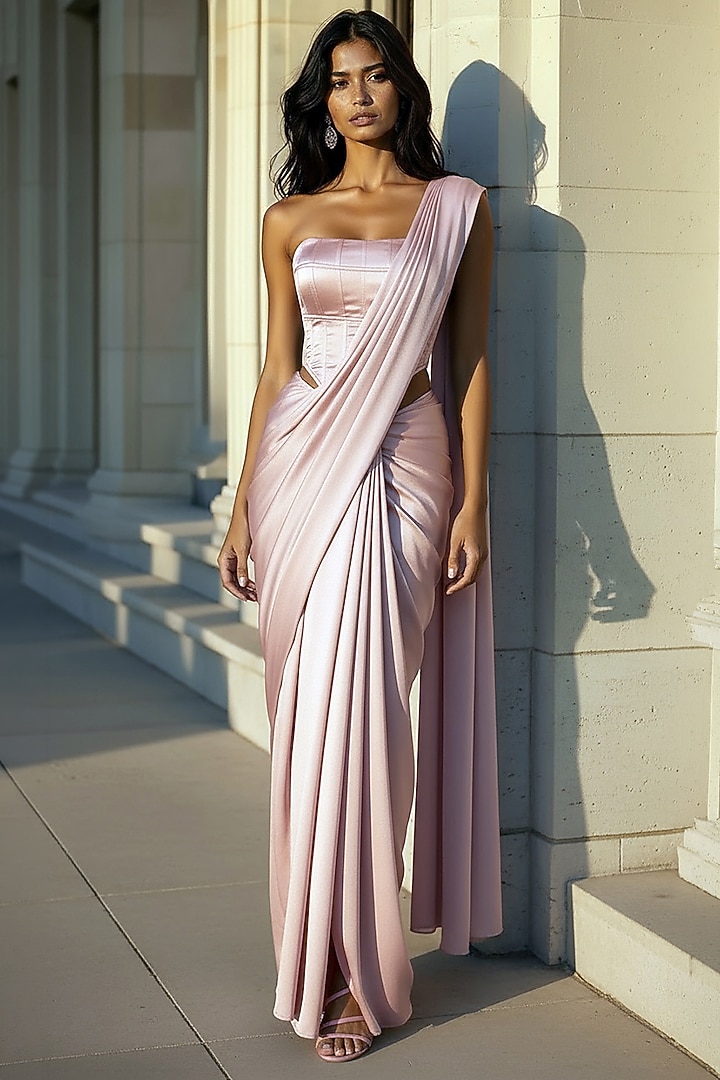 Blush Satin Crepe Pre-Stitched Party Wear Saree Set by Phatakaa at Pernia's Pop Up Shop