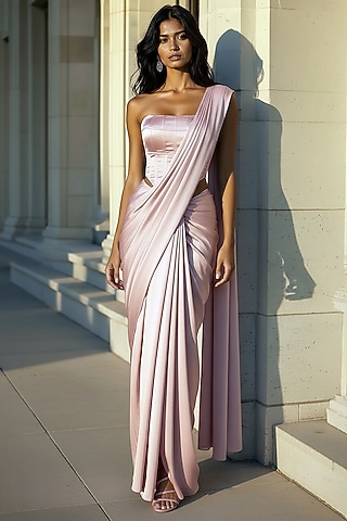 Dusty pink Satin Crepe Pre-Stitched Saree Set by Phatakaa