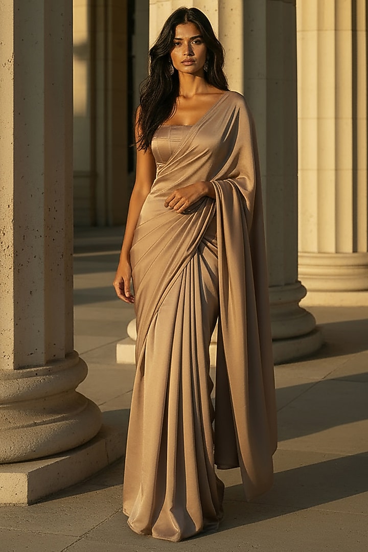 Gold Satin Crepe Pre-Stitched Party Wear Saree Set by Phatakaa at Pernia's Pop Up Shop