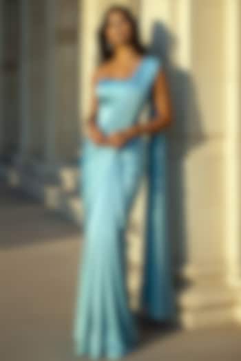 Turquoise Satin Crepe Pre-Stitched Party Wear Saree Set by Phatakaa at Pernia's Pop Up Shop