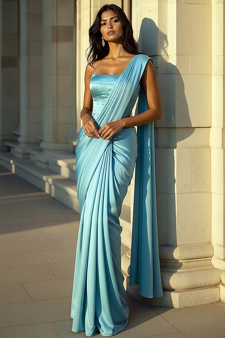 Turquoise Satin Crepe Pre-Stitched Party Wear Saree Set by Phatakaa at Pernia's Pop Up Shop