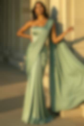 Sage Green Satin Crepe Pre-Stitched Party Wear Saree Set by Phatakaa at Pernia's Pop Up Shop