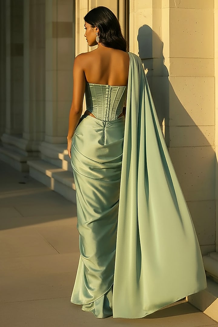 Sage Green Satin Crepe Pre-Stitched Party Wear Saree Set by Phatakaa at Pernia's Pop Up Shop