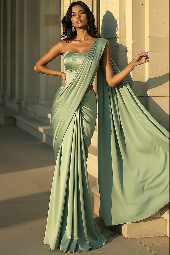 Sage Green Satin Crepe Pre-Stitched Party Wear Saree Set by Phatakaa at Pernia's Pop Up Shop