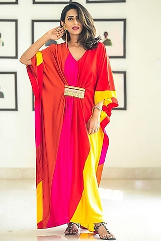 Fuchsia & Dark Orange Color Blocked Gathered Kaftan by QBIK
