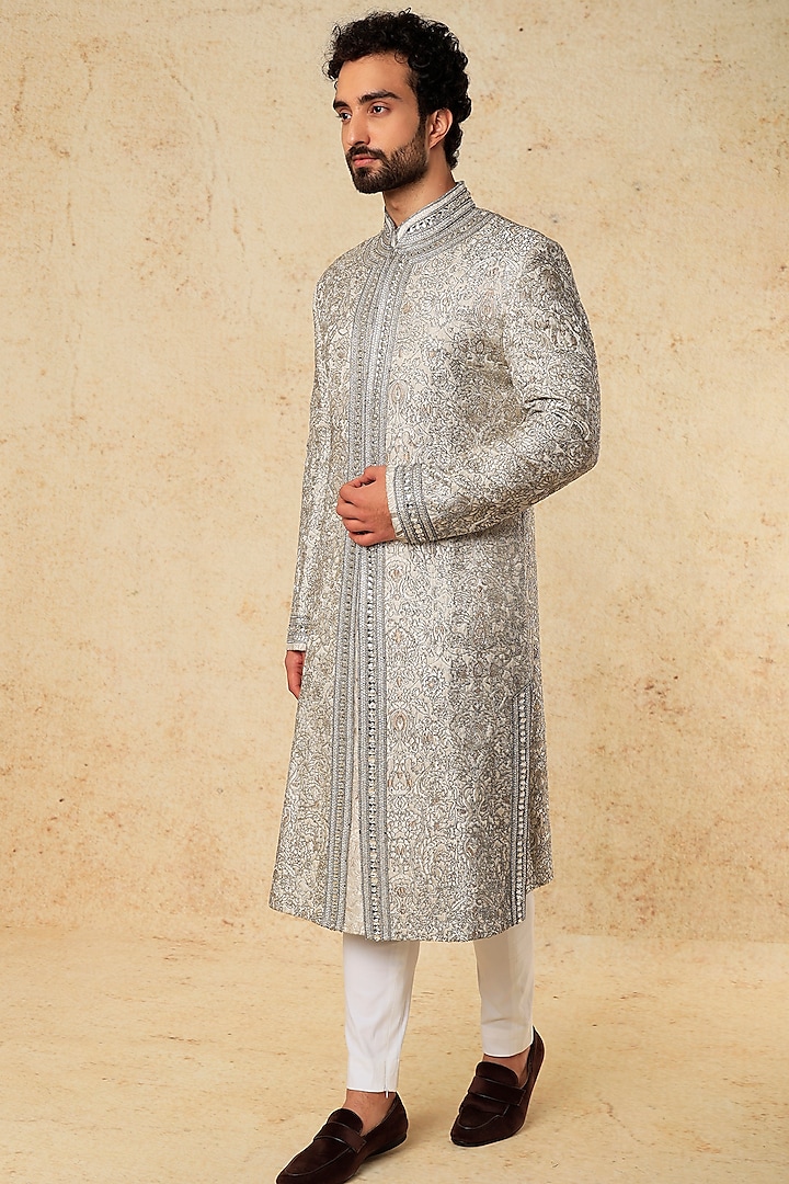 Champagne Embroidered Front-Open Sherwani Set by PAWAN SACHDEVA