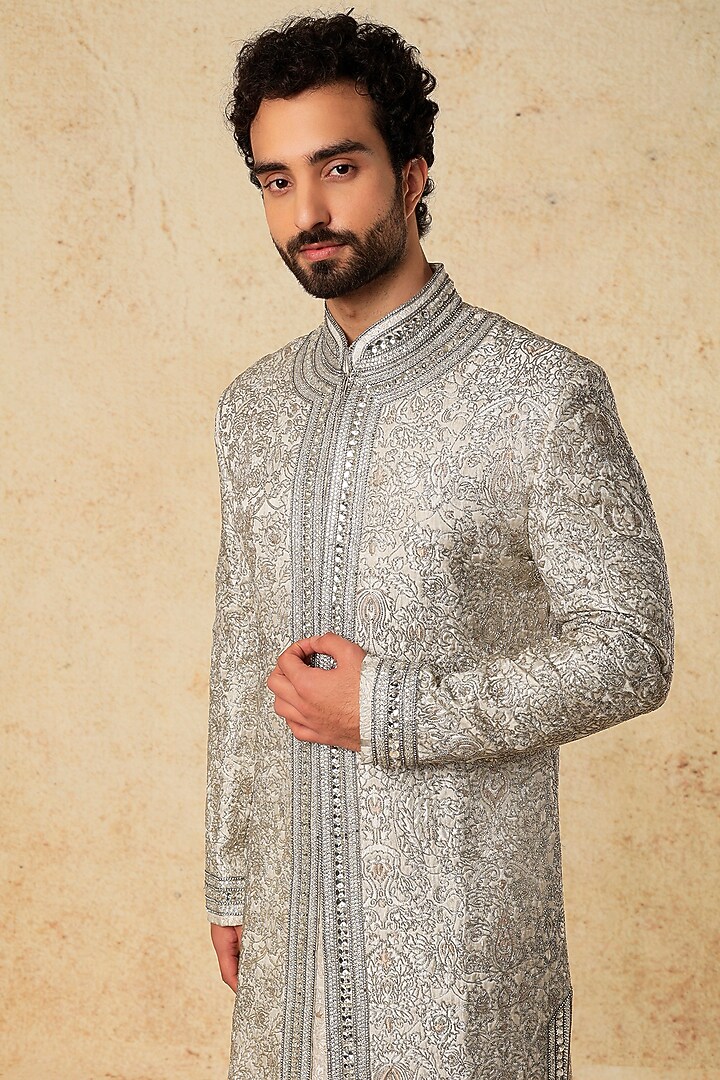 Champagne Embroidered Front-Open Groom Sherwani Set by PAWAN SACHDEVA at Pernia's Pop Up Shop