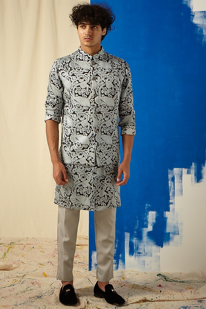 Grey Printed Jacket by Project Bandi at Pernia's Pop Up Shop