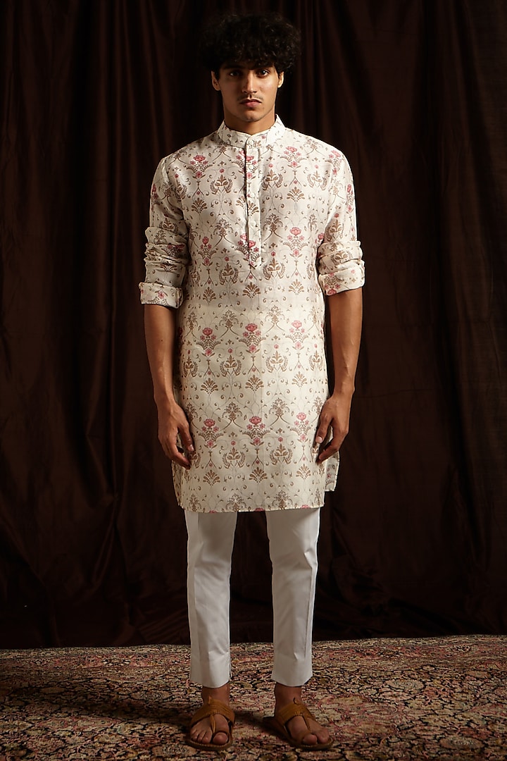 Khaki, White & Pink Printed Kurta Set by Project Bandi