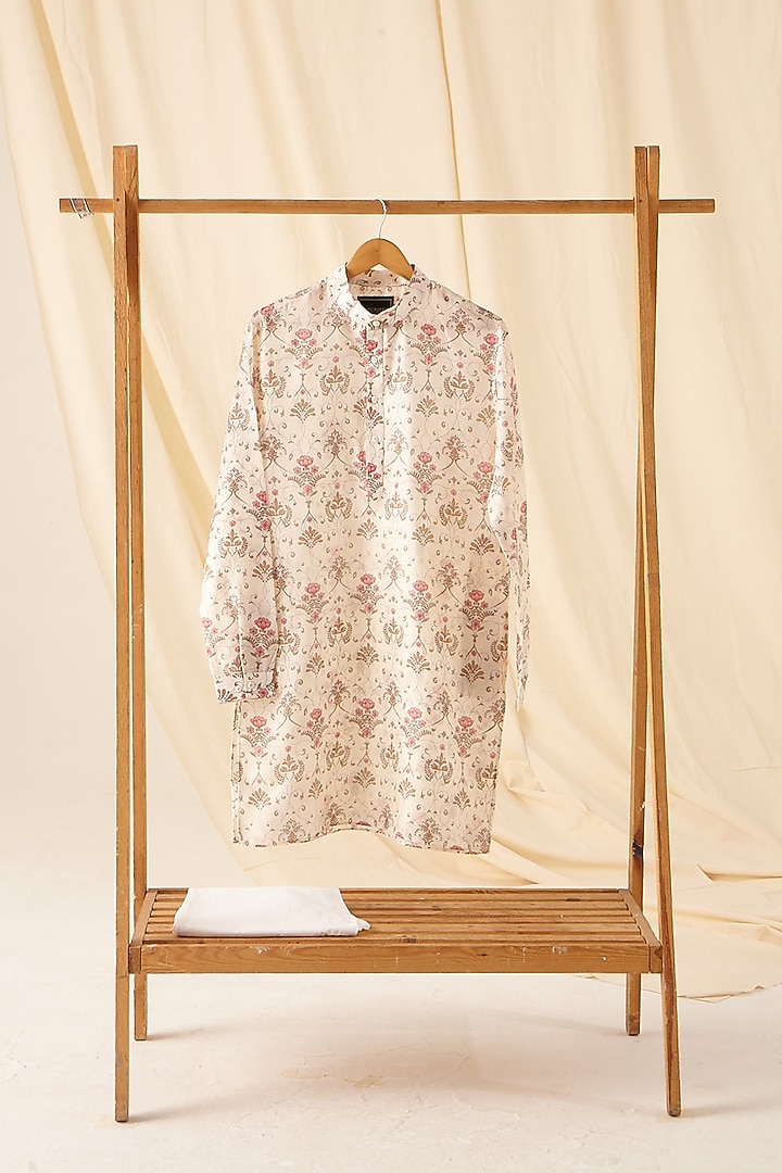 Khaki, White & Pink Printed Kurta Set by Project Bandi at Pernia's Pop Up Shop