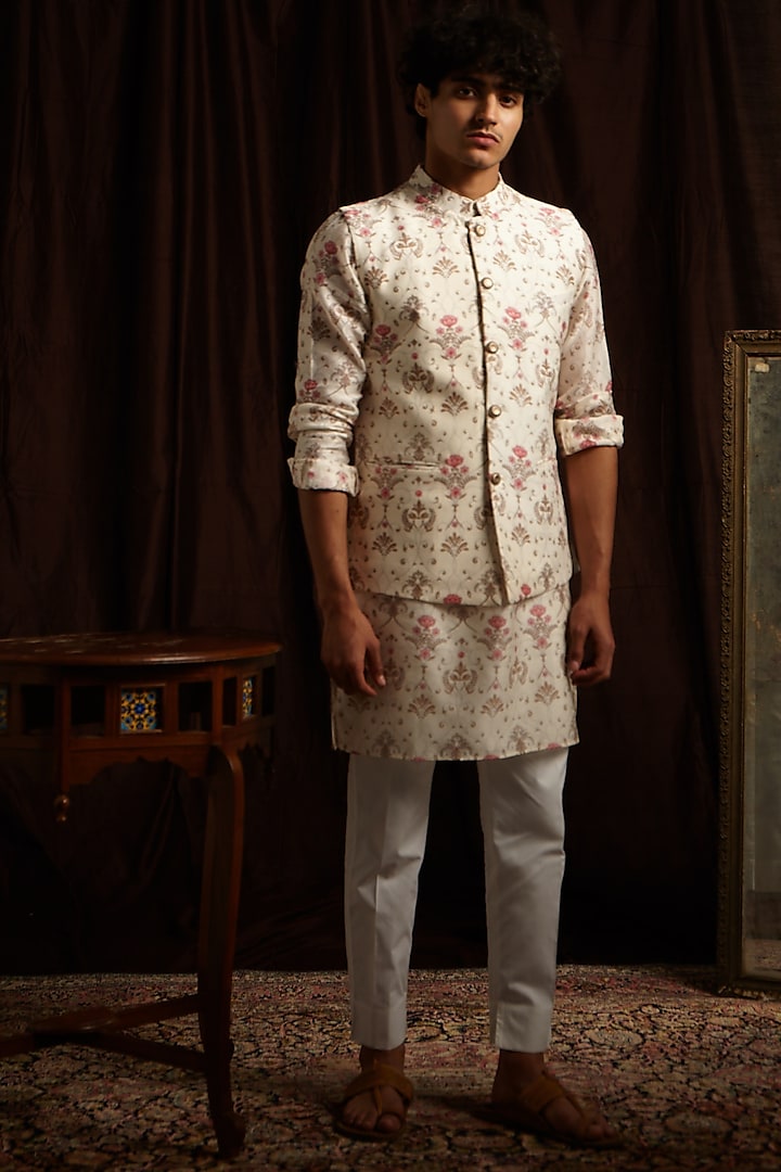 Khaki, White & Pink Printed Kurta Set With Jacket by Project Bandi at Pernia's Pop Up Shop