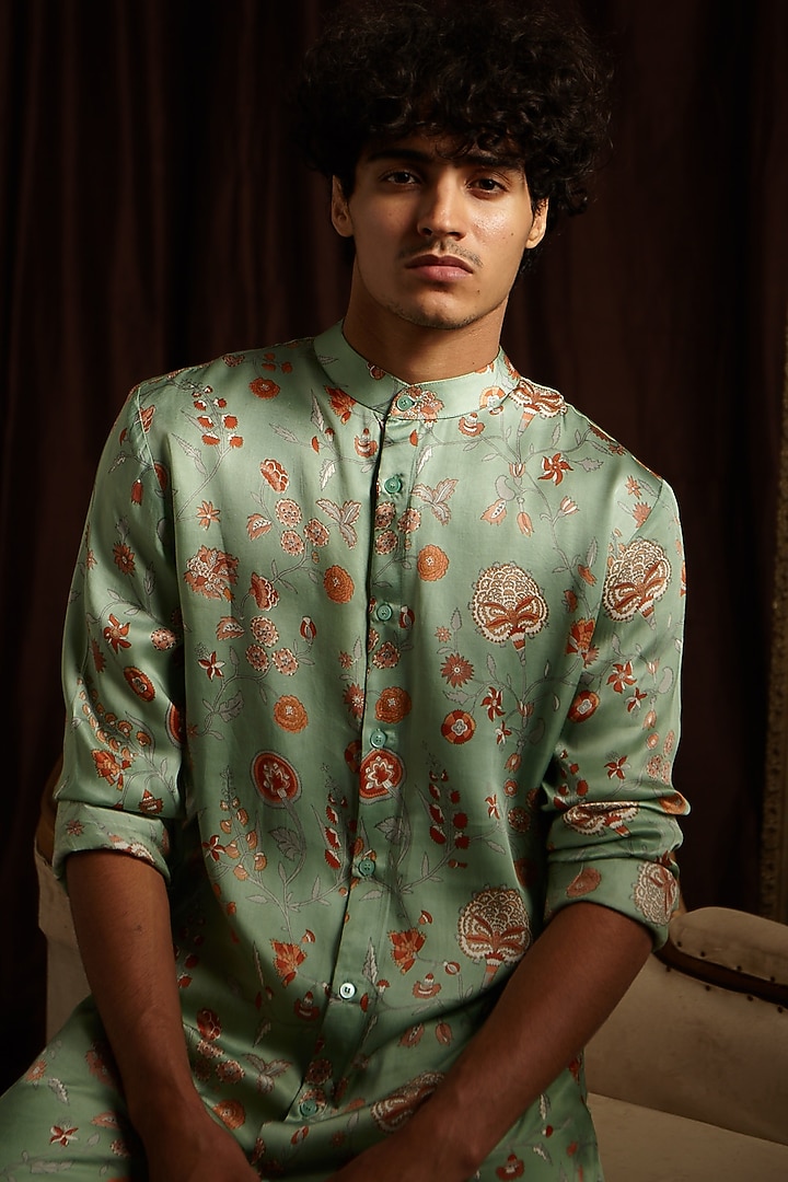 Jade Green & Off-White Printed Kurta Set by Project Bandi at Pernia's Pop Up Shop