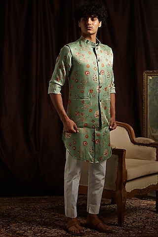 Jade Green & Off-White Printed Kurta Set With Jacket by Project Bandi
