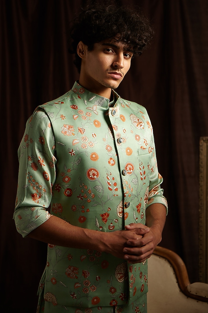Jade Green & Off-White Printed Kurta Set With Jacket by Project Bandi at Pernia's Pop Up Shop