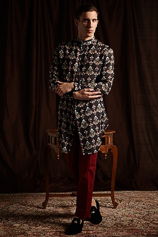 Black & Maroon Printed Kurta Set by Project Bandi