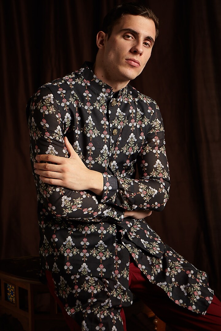 Black & Maroon Printed Kurta Set With Jacket by Project Bandi at Pernia's Pop Up Shop