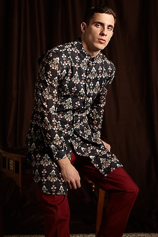 Black Cotton Printed Jacket by Project Bandi