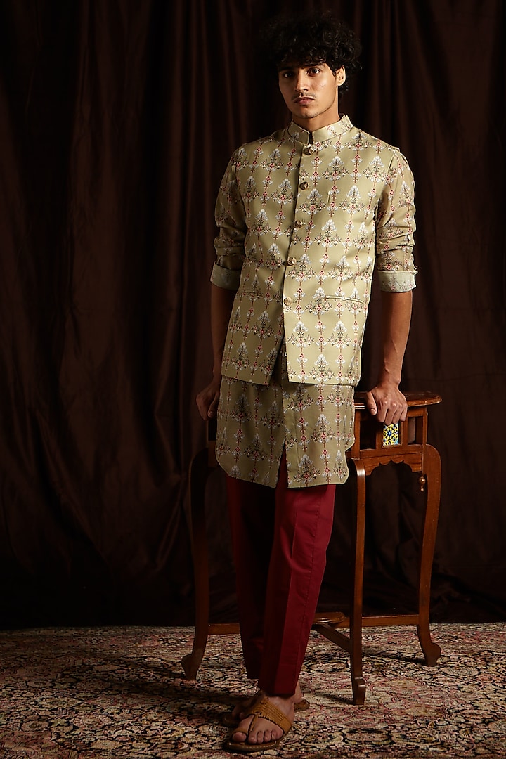 Moss Green & Maroon Printed Kurta Set With Jacket by Project Bandi at Pernia's Pop Up Shop