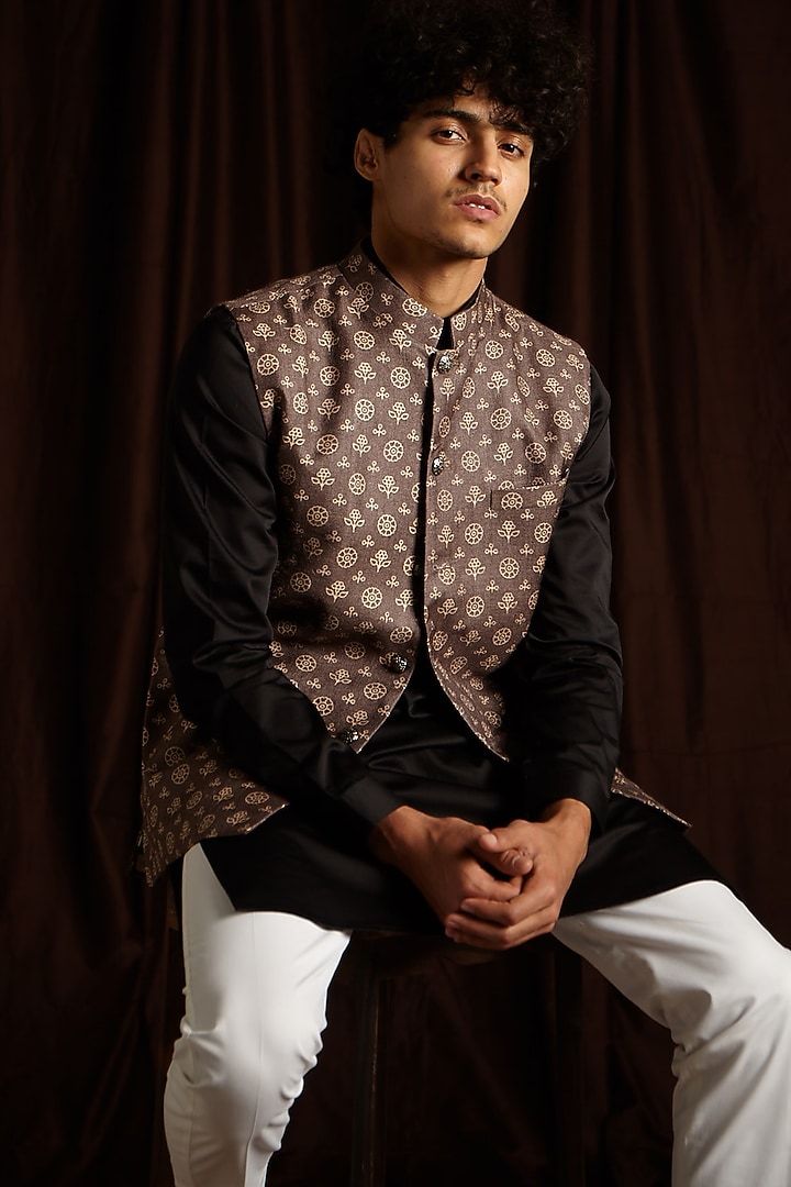 Grey Silk Printed Jacket by Project Bandi at Pernia's Pop Up Shop