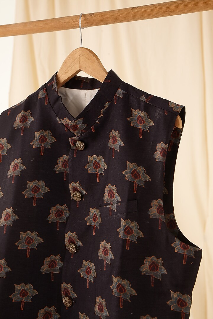 Black Cotton Printed Bandhgala Jacket by Project Bandi at Pernia's Pop Up Shop