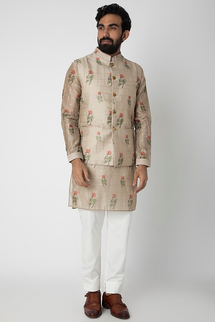 Beige Embroidered Kurta Set With Nehru Jacket by Project Bandi