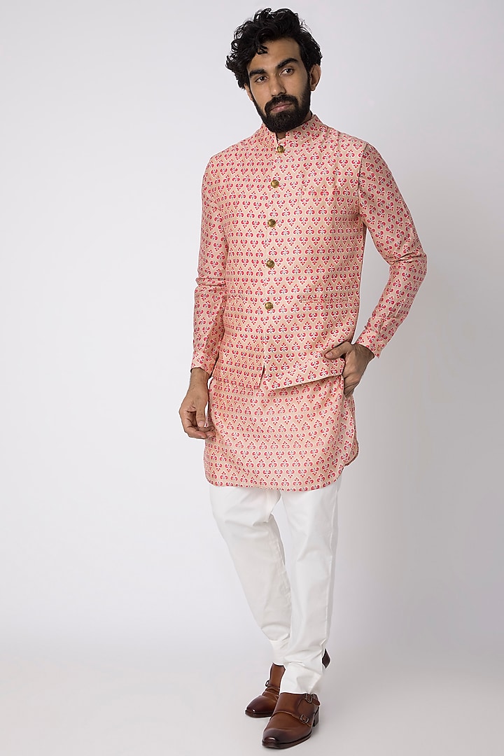 Peach Printed Kurta Set With Nehru Jacket by Project Bandi