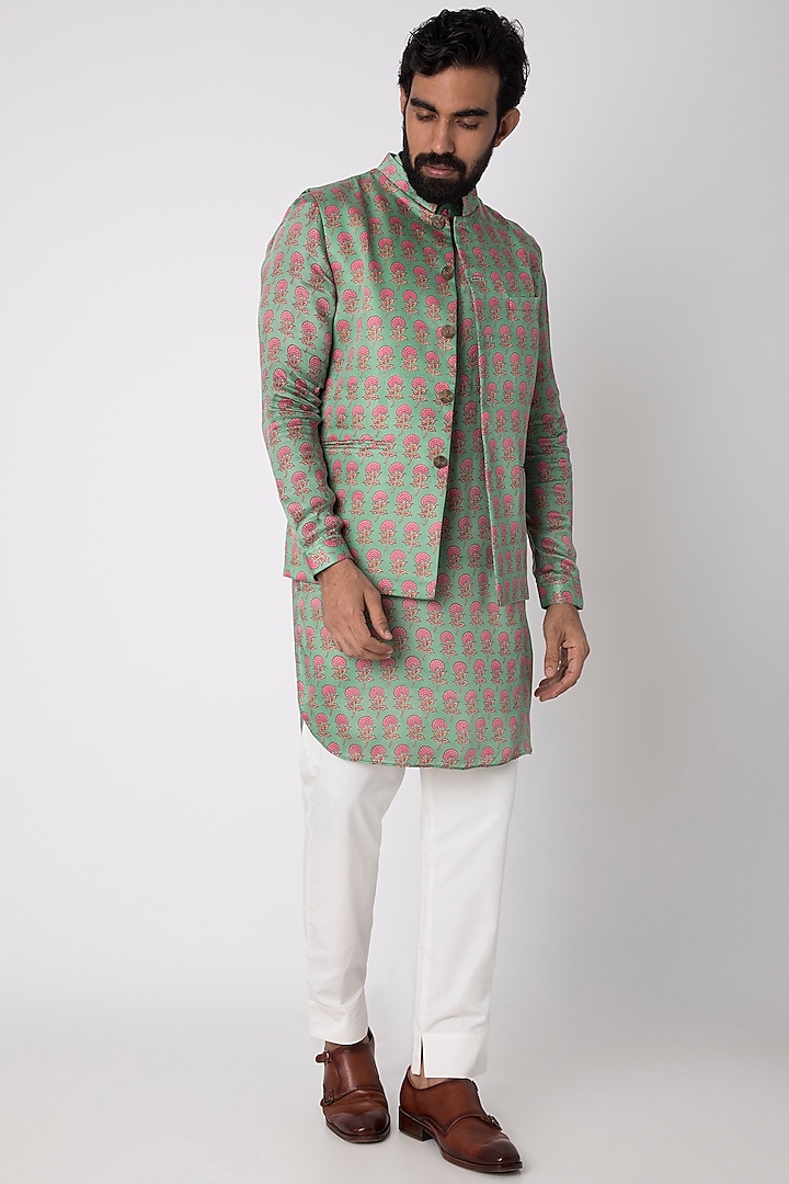 Mehendi Green Printed Kurta Set With Nehru Jacket by Project Bandi