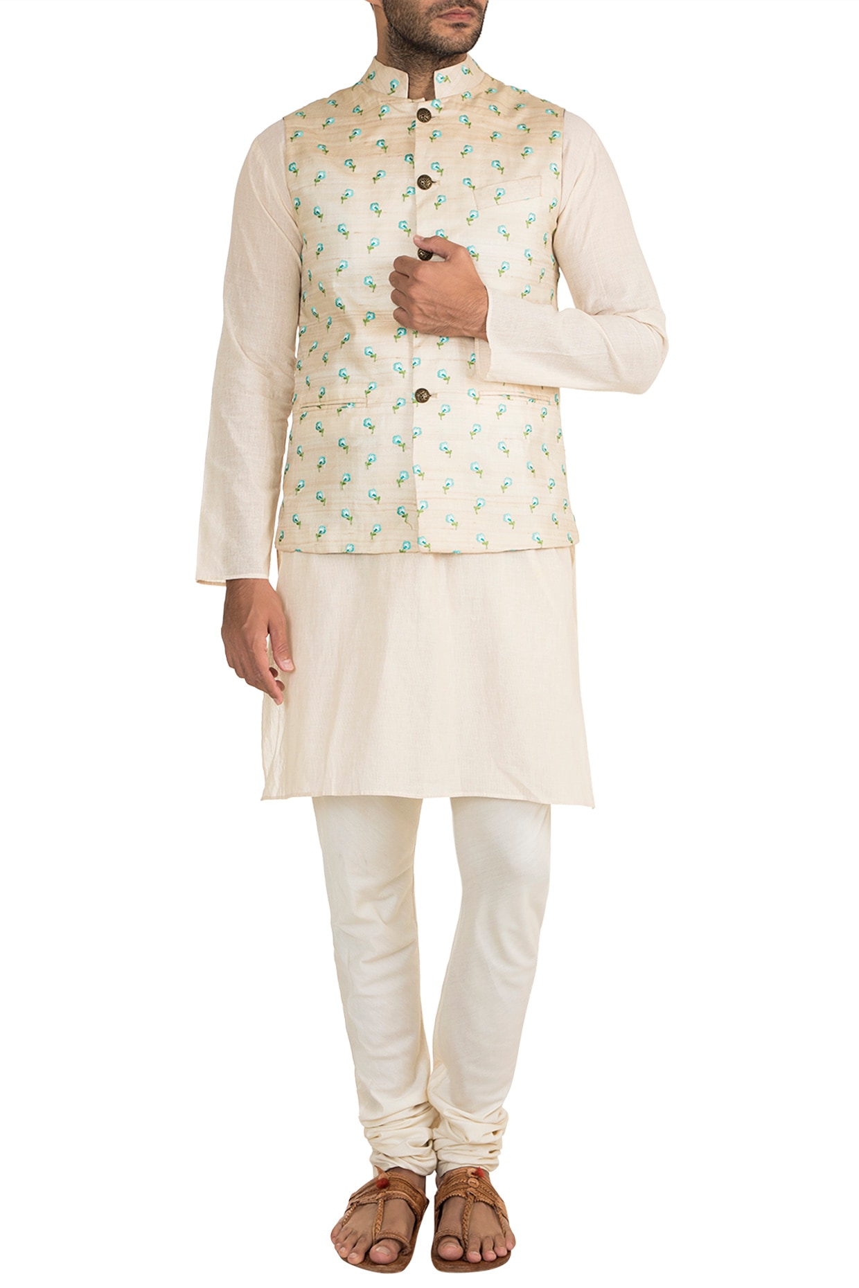 Cream & Gold Butti Embroidered Bundi Jacket by Project Bandi at Pernia ...