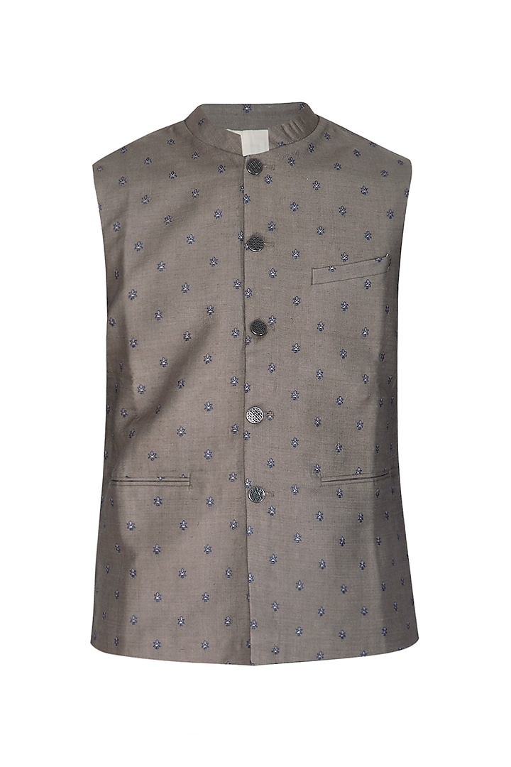 Dark Grey Embroidered Bundi Jacket by Project Bandi
