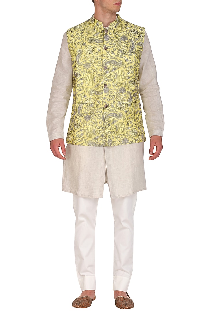 Lemon Yellow Embroidered Bundi Jacket by Project Bandi at Pernia's Pop Up Shop