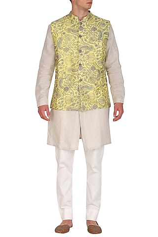 Lemon Yellow Embroidered Bundi Jacket by Project Bandi