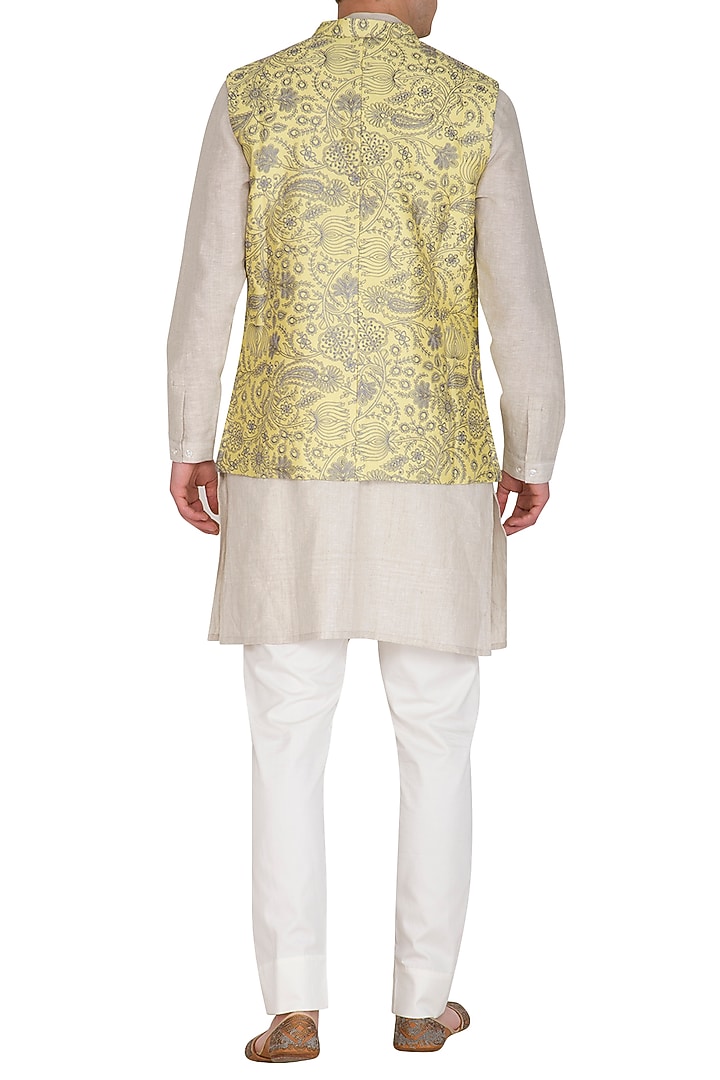 Lemon Yellow Embroidered Bundi Jacket by Project Bandi at Pernia's Pop Up Shop