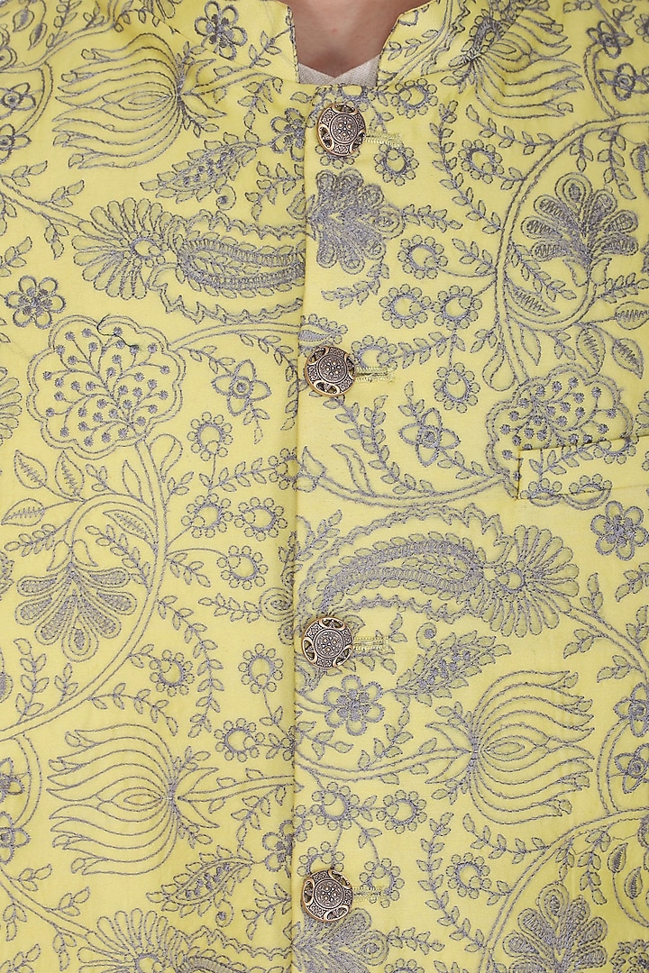 Lemon Yellow Embroidered Bundi Jacket by Project Bandi at Pernia's Pop Up Shop