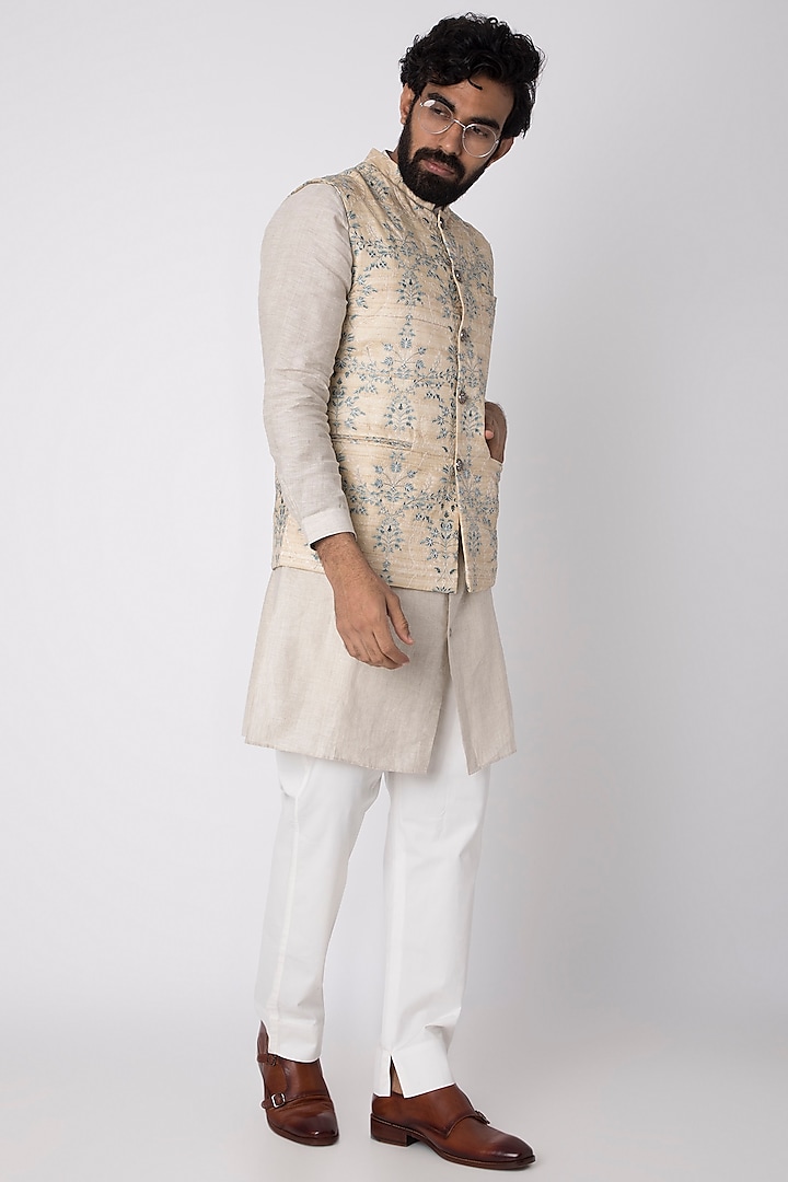 Beige Embroidered & Printed Nehru Jacket by Project Bandi