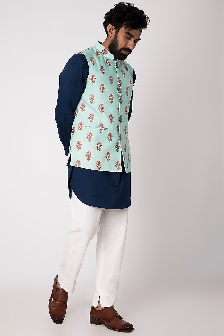 Mint Green Embroidered & Printed Nehru Jacket by Project Bandi
