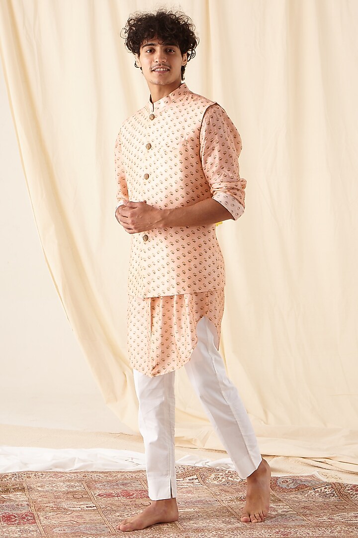 Peach Printed Kurta Set With Bundi Jacket by Project Bandi at Pernia's Pop Up Shop
