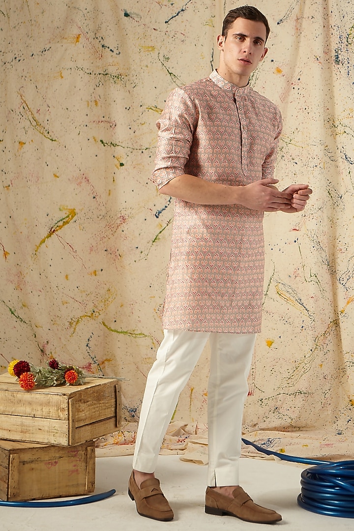 Salmon Pink & Sage Green Printed Kurta Set by Project Bandi at Pernia's Pop Up Shop