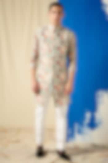 Sea Blue Printed Kurta Set With Bundi Jacket by Project Bandi at Pernia's Pop Up Shop