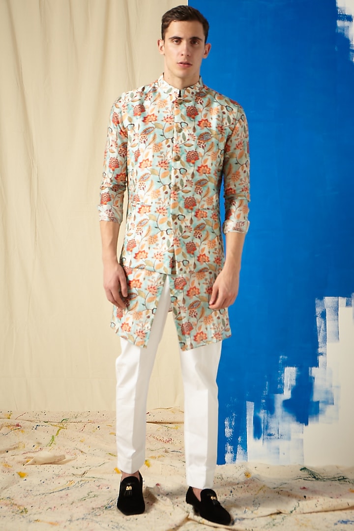Sea Blue Printed Kurta Set With Bundi Jacket by Project Bandi at Pernia's Pop Up Shop