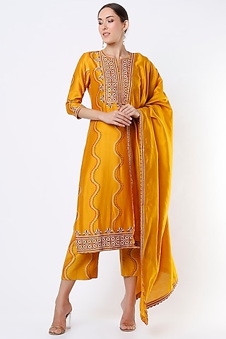 Dark Mustard Embroidered Kurta Set by Punit Balana
