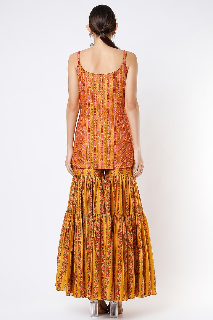 Mustard Chanderi Silk Printed Gharara Set by Punit Balana at Pernia's Pop Up Shop