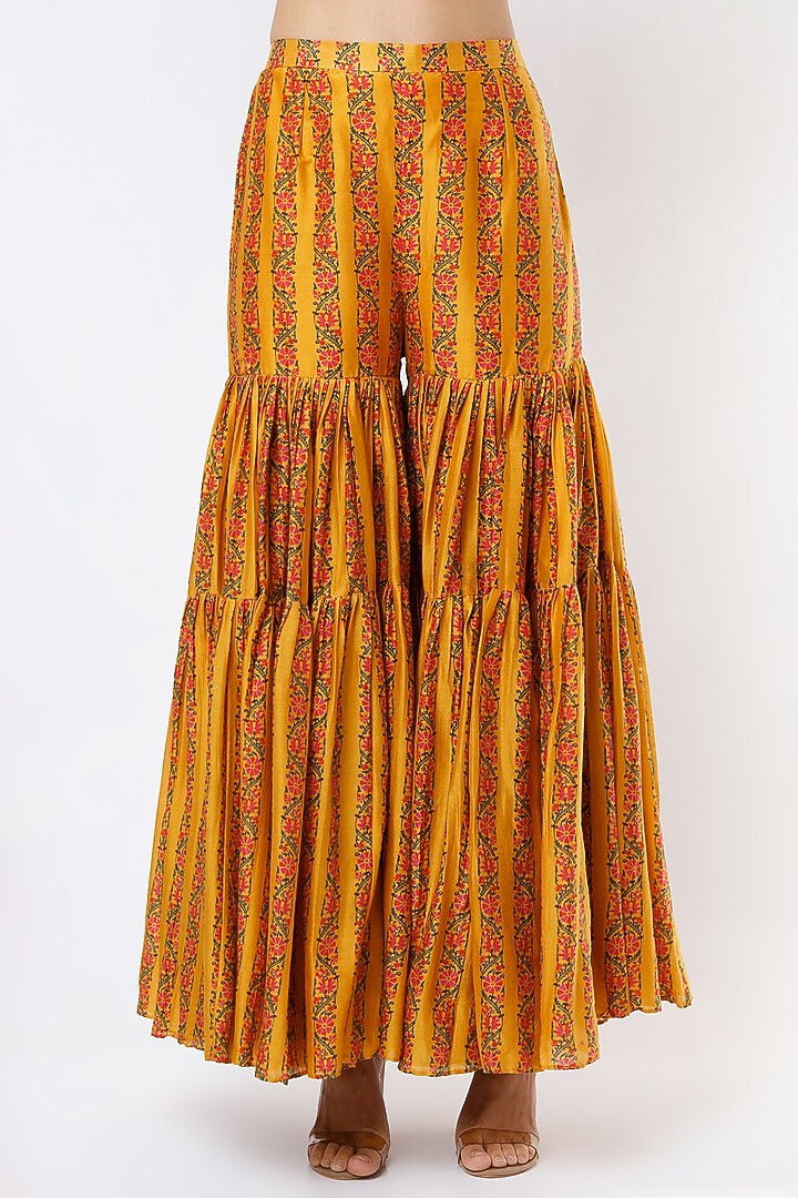 Mustard Chanderi Silk Printed Gharara Set by Punit Balana at Pernia's Pop Up Shop