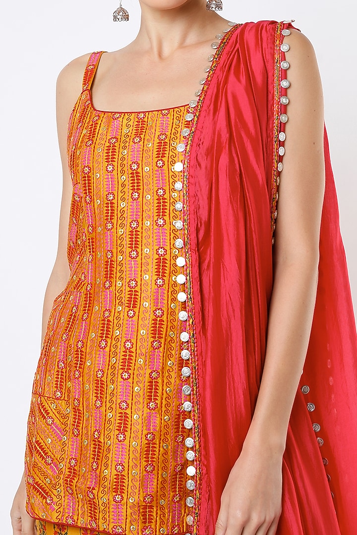 Mustard Chanderi Silk Printed Gharara Set by Punit Balana at Pernia's Pop Up Shop